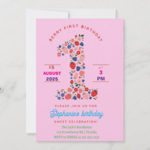 Custom Strawberry 1st Birthday Party Berry First Invitation
