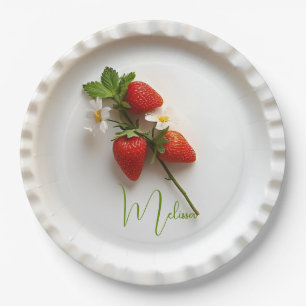 Custom Strawberry Sprig Flower Foliage Name Paper Plate