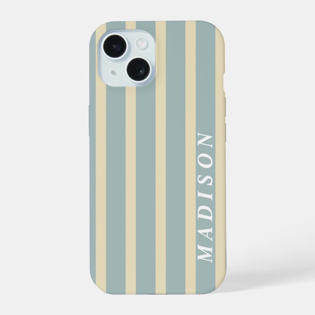 Custom Stripes Beige Blue iPhone 15 Case (Back)
