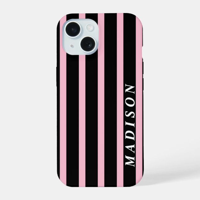 Custom Stripes Black Pink iPhone 15 Case (Back)