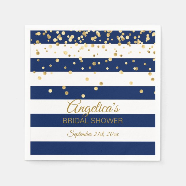 Custom Stripes Navy Blue Gold Bridal Shower Napkin (Front)