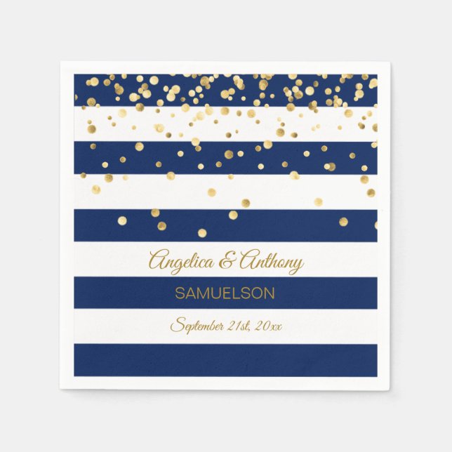 Custom Stripes Navy Blue Gold Wedding Anniversary Napkin (Front)
