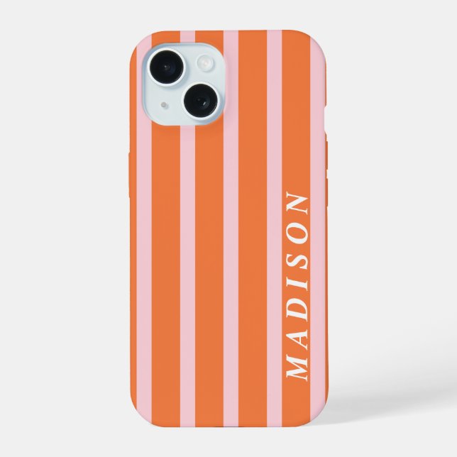 Custom Stripes Orange Pink iPhone 15 Case (Back)