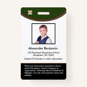 Custom Student Child Kid Photo Name Logo Bar Code  Badge