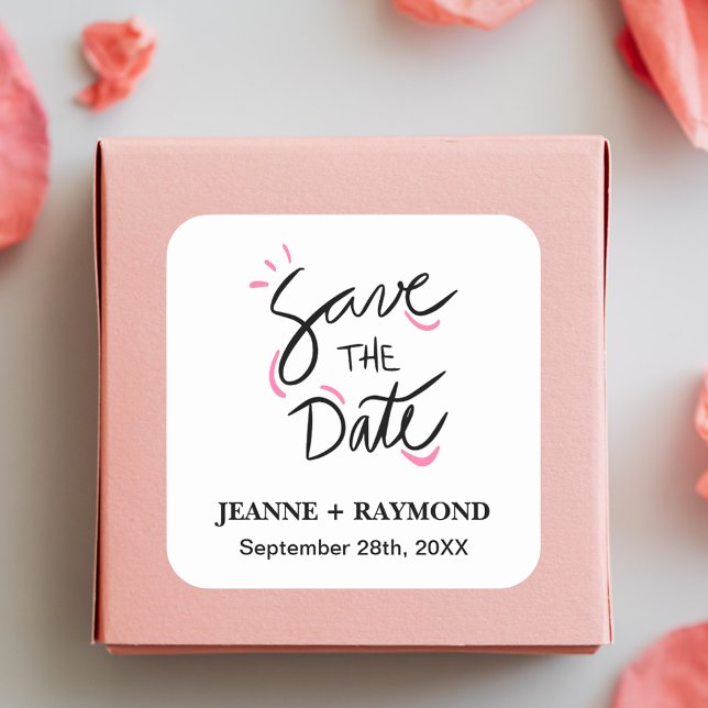 Custom Stylish Calligraphy Wedding Save the Date Square Sticker (Stylish calligraphy save the date sticker adds personalized charm to elegant wedding mailings.)