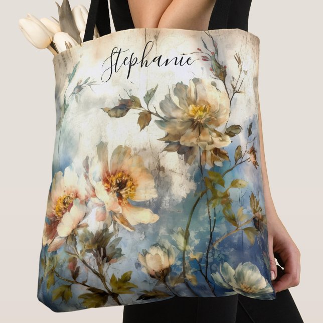 Custom Stylish Indigo Bloom Wind-Swept Design Tote Bag (Creator Uploaded)