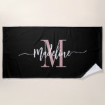 Custom Stylish Monogram Name Script Black Blush Beach Towel<br><div class="desc">Modern, trendy and stylish beach towel with your custom name and initial in a chic script calligraphy design with swirl flourishes (be sure to keep emoticons or spaces next to full name in place for swirls to remain). This is the blush pink and black version. Easy to customize size and...</div>