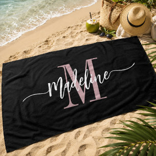 Custom Stylish Monogram Name Script Black Blush Beach Towel