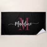 Custom Stylish Monogram Name Script Black Burgundy Beach Towel<br><div class="desc">Modern, trendy and stylish beach towel with your custom name and initial in a chic script calligraphy design with swirl flourishes (be sure to keep emoticons or spaces next to full name in place for swirls to remain). This is the burgundy and black version. Easy to customize size and add...</div>
