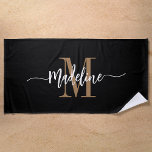 Custom Stylish Monogram Name Script Black Gold Beach Towel<br><div class="desc">Modern, trendy and stylish beach towel with your custom name and initial in a chic script calligraphy design with swirl flourishes (be sure to keep emoticons or spaces next to full name in place for swirls to remain). This is the gold tone and black version. Easy to customize size and...</div>