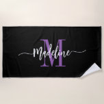 Custom Stylish Monogram Name Script Black Purple Beach Towel<br><div class="desc">Modern, trendy and stylish beach towel with your custom name and initial in a chic script calligraphy design with swirl flourishes (be sure to keep emoticons or spaces next to full name in place for swirls to remain). This is the purple and black version. Easy to customize size and add...</div>