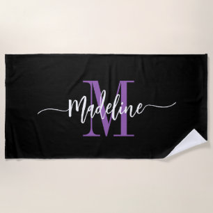 Custom Stylish Monogram Name Script Black Purple Beach Towel
