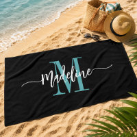 Custom Stylish Monogram Name Script Black Teal