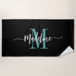 Custom Stylish Monogram Name Script Black Teal Beach Towel<br><div class="desc">Modern, trendy and stylish beach towel with your custom name and initial in a chic script calligraphy design with swirl flourishes (be sure to keep emoticons or spaces next to full name in place for swirls to remain). This is the teal and black version. Easy to customize size and add...</div>