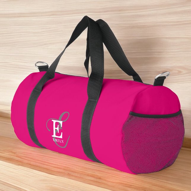 Custom Stylish Monogram Typography Hot Pink Duffle Bag (Personalize with your name and monogram initial.)
