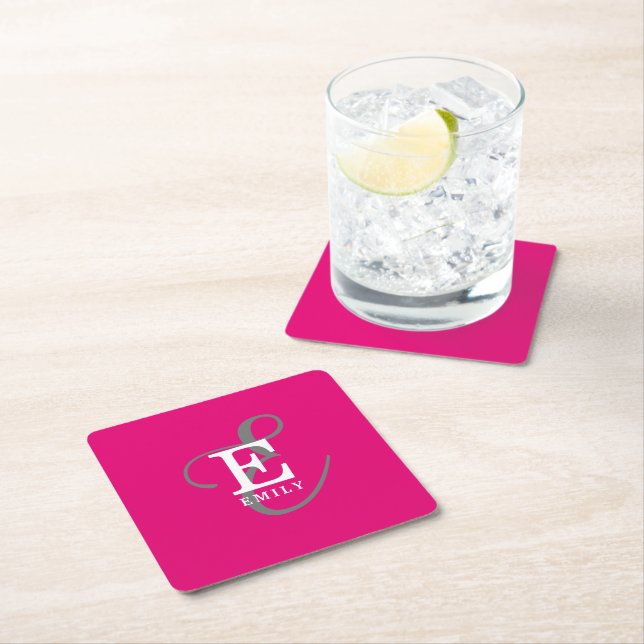 Custom Stylish Monogram Typography Hot Pink Square Paper Coaster (Insitu)