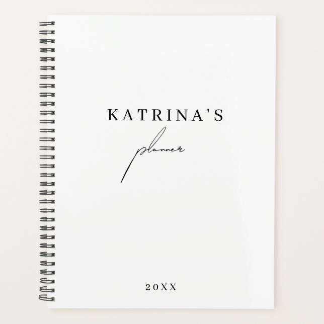 Custom Stylish White Black Minimalist Script Planner (Front)