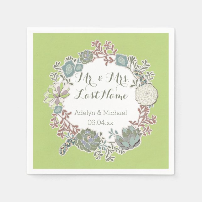 Custom Succulent Wreath Wedding Paper Napkins (Front)