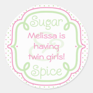 Custom Sugar and Spice Baby Shower Twins Classic Round Sticker