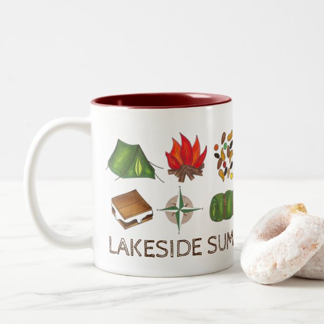Custom Summer Camp Tent Fire Trail Mix Compass Two-Tone Coffee Mug (With Donut)