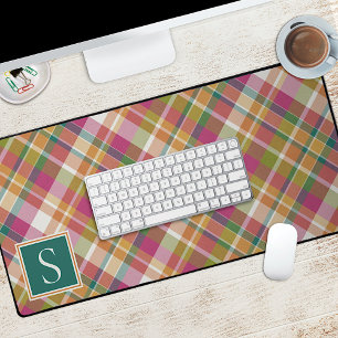 Custom Summer Orange Pink Teal Green Plaid Pattern Desk Mat