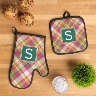 Custom Summer Orange Pink Teal Green Plaid Pattern Oven Mitt & Pot Holder Set