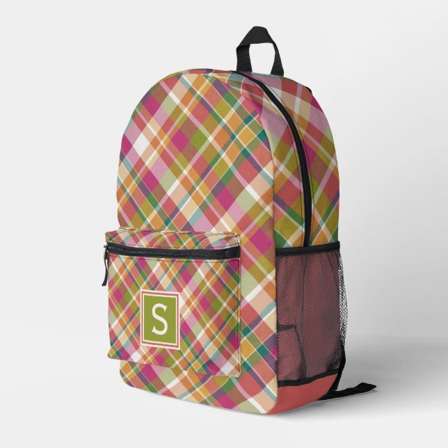 Custom Summer Orange Pink Teal Green Plaid Pattern Printed Backpack (Back Corner Right)