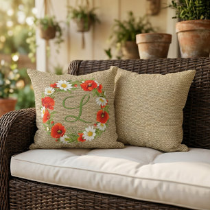 Custom Summer Red Poppies Daisies Flower Wreath Outdoor Pillow
