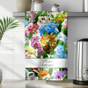 Custom Summer Tropical Floral Orchids Colourful Kitchen Towel