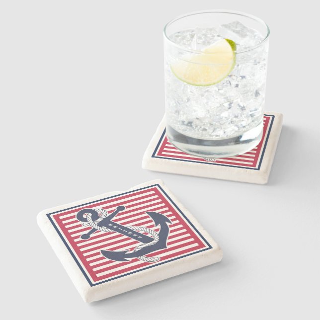 Custom Summery Retro Boat Anchor Stripes Pattern Stone Coaster (Side)