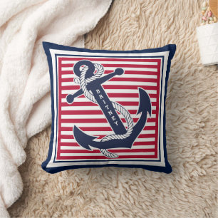 Custom Summery Retro Boat Anchor Stripes Pattern Throw Pillow
