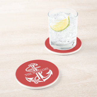Custom Summery White Nautical Anchor On Dark Red Coaster