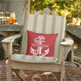 Custom Summery White Nautical Anchor On Dark Red Outdoor Pillow