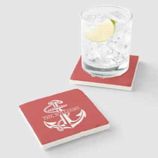 Custom Summery White Nautical Anchor On Dark Red Stone Coaster