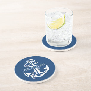 Custom Summery White Nautical Anchor On Navy Blue Coaster