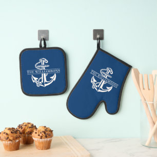 Custom Summery White Nautical Anchor On Navy Blue Oven Mitt & Pot Holder Set