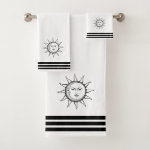 Custom Sun Moon & Three Black Stripes on White Bath Towel Set