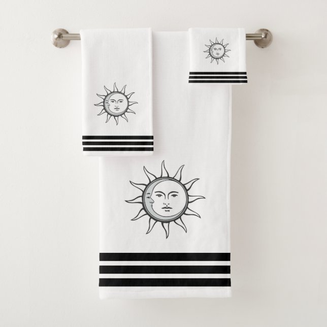 Custom Sun Moon & Three Black Stripes on White Bath Towel Set (Insitu)