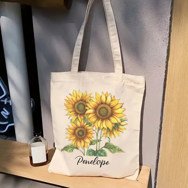 Custom Sunflower Bag, Bridesmaids & Birthday Gift Tote Bag (custom name tote bag, bridesmaids gift tote, student tote bag, birthday gift tote, gift for her)