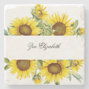 Custom Sunflower Floral Add your Name Monogram  Stone Coaster