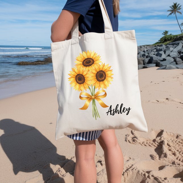 Custom Sunflower Tote Bag for Women, Bridesmaids (sunflower tote bag, custom name gift, bridesmaid tote bag, floral tote, botanical tote bag,)