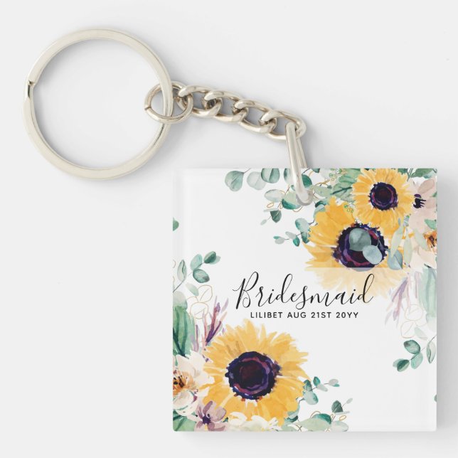 Custom Sunflowers Bridesmaids Gifts Add Name Date Keychain (Front)