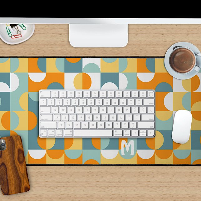 Custom Sunny Orange Teal Blue Retro Art Pattern Desk Mat (Creator Uploaded)