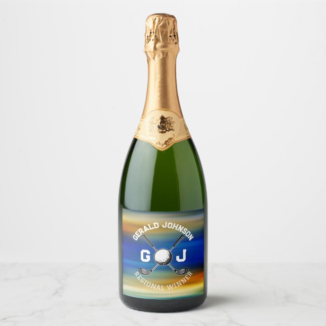 Custom Sunset Golf Monogram Design Sparkling Wine Label (Front)