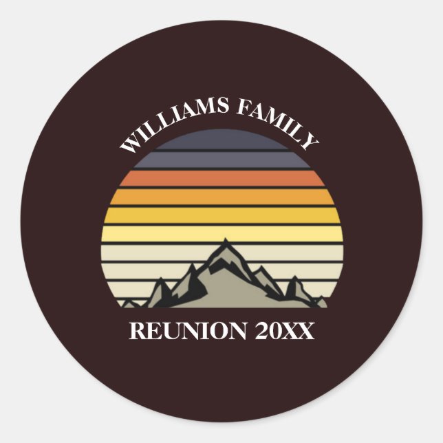 Custom Sunset Mountain Family Reunion Party  Classic Round Sticker (Front)