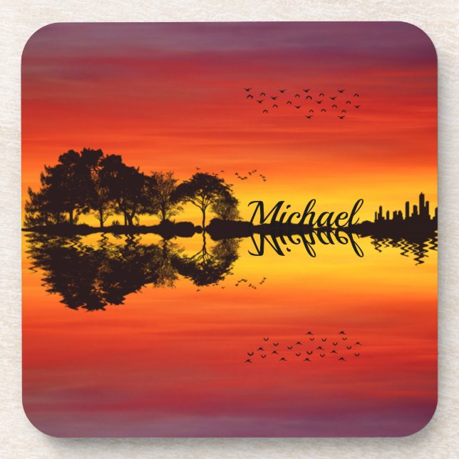 Custom Sunset Reflection Landscape with Name Coaster (Front)