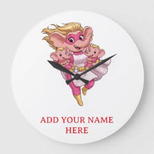 Custom Superhero Elephant Mom of Twins Cute Cartoo Large Clock