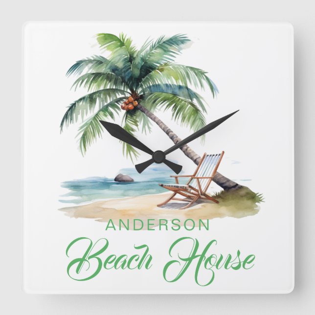 Custom Surname Beach House  Square Wall Clock (Front)