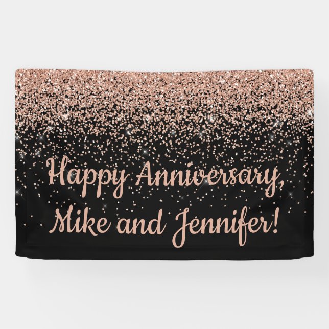 Custom Surprise Anniversary Party Black Rose Gold  Banner (Horizontal)