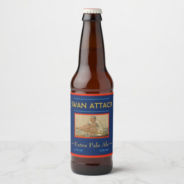 Custom "SWAN ATTACK" male sweep rower and swan on Beer Bottle Label (Front)